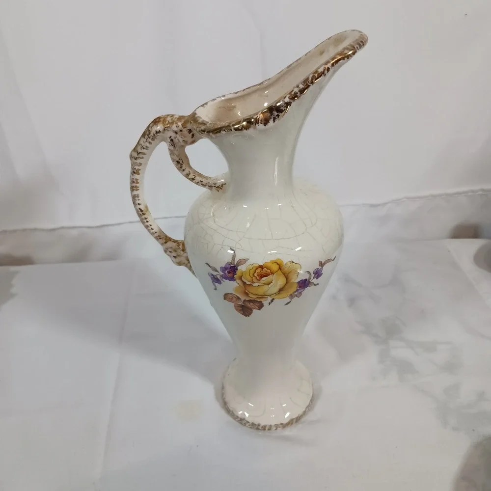 Vintage Pitcher Vase Home Decor Med Cream Good Floral Crackle Glaze Gold Trim